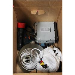 BOX OF MISC INCLUDES TWO CORDED DRILLS, LIGHT