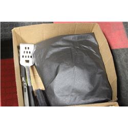 BOX W/ NEW BLCK BBQ COVER 54" W/ BBQ UTENSILS