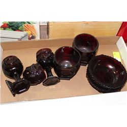FLAT OF CRANBERRY GLASS DISHWARE