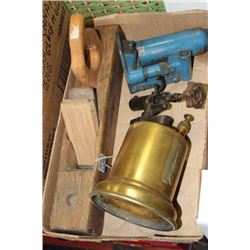 FLAT W/ VINTAGE WOODEN PLANE, BRASS TORCH
