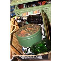 BOX OF VINTAGE BOTTLES, COLLECTIBLE TINS