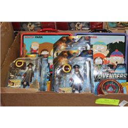 BOX OF PIRATE FIGURINES AND 2 SOUTHPARK LUNCH BOX