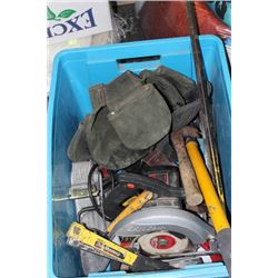BLUE BIN OF CARPENTER TOOLS SUCH AS: DRILL, JIGSAW