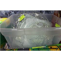 CLEAR TUB WITH VINTAGE CUT BOWL, PLATTERS, ETC