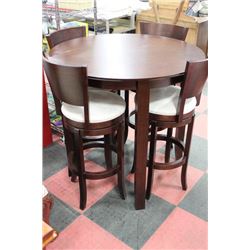 BROWN WOOD BAR TABLE WITH 4 WOOD AND FABRIC SWIVEL