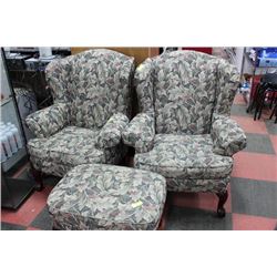 LEAF PATTERN WING BACK PARLOUR CHAIRS W 1 OTTOMAN