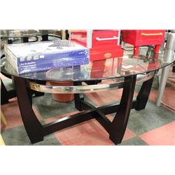 DARK BROWN WOOD AND GLASS COFFEE TABLE WITH