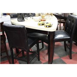 TRIANGULAR BAR TABLE W 3 BLACK LEATHERETTE STOOLS