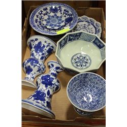 TRAY OF BLUE/WHITE DEC. DISHES AND ACCY