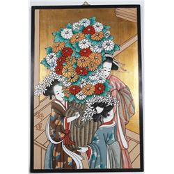 Japanese Kimono Women & Flowers Painting on Board?