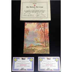 WWI RED CROSS AWARD DOCUMENT AND 2) SAVING STAMP BOOKS