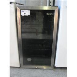 DANBY STAINLESS STEEL AND BLACK GLASS FRONT BAR FRIDGE