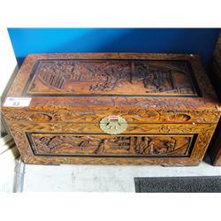 MEDIUM SIZE HEAVILY CARVED MAHOGANY ORIENTAL TRUNK