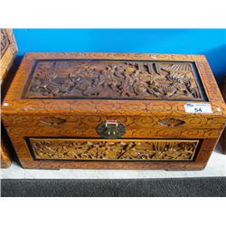 MEDIUM SIZE HEAVILY CARVED MAHOGANY ORIENTAL TRUNK