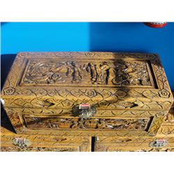 SMALL SIZE HEAVILY CARVED MAHOGANY ORIENTAL TRUNK