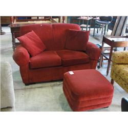 3PC LIVING ROOM SET; RED UPHOLSTERED LOVE SEAT WITH MATCHING FOOTSTOOL AND YELLOW AND RED ARM CHAIR