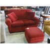 Image 1 : 3PC LIVING ROOM SET; RED UPHOLSTERED LOVE SEAT WITH MATCHING FOOTSTOOL AND YELLOW AND RED ARM CHAIR