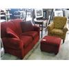 Image 3 : 3PC LIVING ROOM SET; RED UPHOLSTERED LOVE SEAT WITH MATCHING FOOTSTOOL AND YELLOW AND RED ARM CHAIR