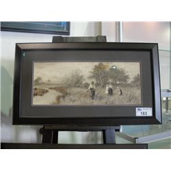 FRAMED PRINT TITLED "THE REAPER TOILS TILL EVENING CLOSE" COPYRIGHTED 1905 BY LOUIS WOLF  AND