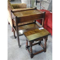 OAK SERVING CART AND OAK STOOL