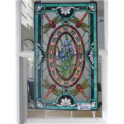 LEADED STAINED GLASS WINDOW PANEL (CRACKED BOTTOM LEFT CORNER)