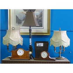 GROUP OF 6 DECORATIVE PIECES; 2 MANTEL CLOCKS, 3 LAMPS AND SMALL MAGAZINE BOX