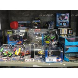 SHELF LOT OF ASSORTED RADIO CONTROLLED TOYS; HELICOPTERS, CARS, ETC