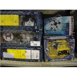 SHELF LOT OF ASSORTED RADIO CONTROLLED TOYS; HELICOPTERS, CARS, ETC