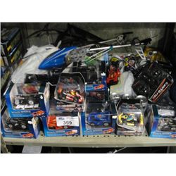 SHELF LOT OF ASSORTED RADIO CONTROLLED TOYS; HELICOPTERS, CARS, ETC