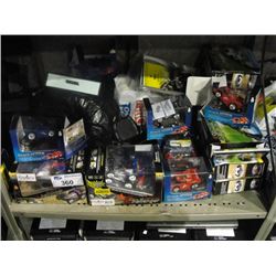 SHELF LOT OF ASSORTED RADIO CONTROLLED TOYS; HELICOPTERS, CARS, ETC