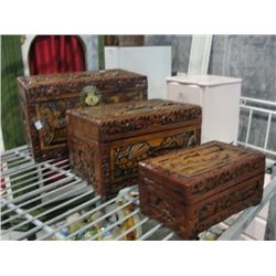 3PC HEAVILY CARVED MAHOGANY MINIATURE ORIENTAL TRUNK SET