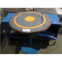 BULLSEYE SINGLE PEDESTAL TABLE AND BLUE METAL CABINET