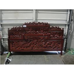 HEAVILY CARVED MAHOGANY ORIENTAL KING SIZE HEADBOARD AND FOOTBOARD - NO RAILS