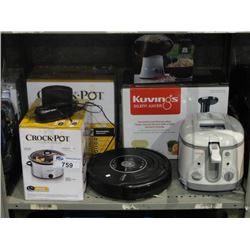 SHELF LOT OF ASSORTED SMALL APPLIANCES; SILENT JUICER, CROCKPOT, FRYER, IROBOT VACUUM ETC