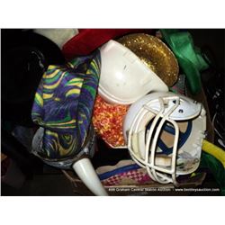 BOX: ASSORTED HATS-VIKING HELMET, FOOTBALL HELMET & HARD HAT