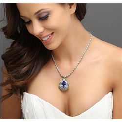 14KT White Gold GIA Certified 16.56 ctw Tanzanite and Diamond Pendant With Chain