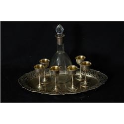 German silver liqueurs, decanter and silver tray