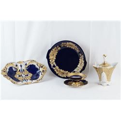 Porcelain cobalt & gold German bowls, cup & saucer