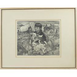 Agnes Tait lithograph - Noucho child w lamb