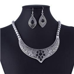 Silver & Black Bead Necklace Set