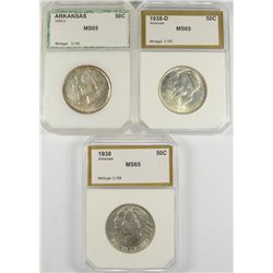 SET OF 1938 P,D,S ARKANSAS COMMEN HALF DOLLAR'S PCI MS-65'S