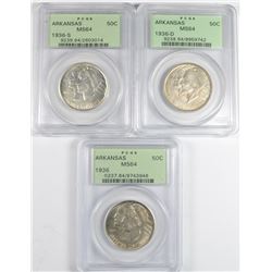 SET OF 1936 P,D,S ARKANSAS COMMEN HALF DOLLARS PCGS MS-64'S