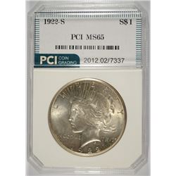 1922-S PEACE SILVER DOLLAR, PCI MS-65 GEM WHITE, RARE!!