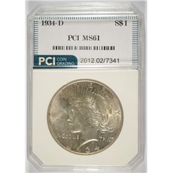 1934-D PEACE SILVER DOLLAR, PCI MS-61