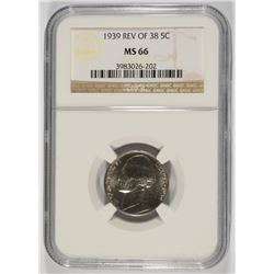 1939 REV 0F 1938 JEFFERSON NICKEL, NGC, MS-66  RARE!