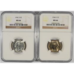 1942-S & 44-S JEFFERSON SILVER NICKELS NGC MS-66