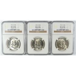 LOT OF ( 3 ) 1951-D FRANKLIN HALF DOLLARS, NGC MS-62 FBL