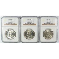 LOT OF ( 3 ) 1951-D FRANKLIN HALF DOLLARS, NGC MS-62 FBL