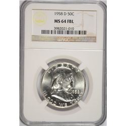 1958-D FRANKLIN HALF DOLLAR, NGC MS-64 FBL