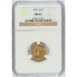 1929 $2.50 INDIAN GOLD, NGC MS-63 NICE!